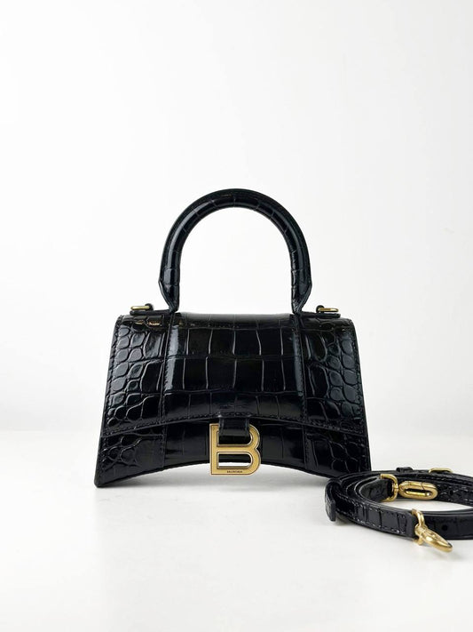 BALENCIAGA HOURGLASS XS BLACK CROC EMBOSSED CROSSBODY BAG GHW