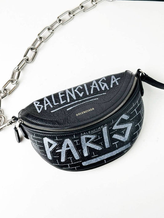 BALENCIAGA BLACK LEATHER GRAFFITI SOUVENIRS XXS BELT BAG