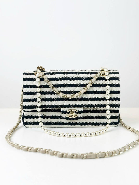 CHANEL COCO SAILOR PEARL MEDIUM CLASSIC FLAP IVORY BLACK SHOULDER BAG