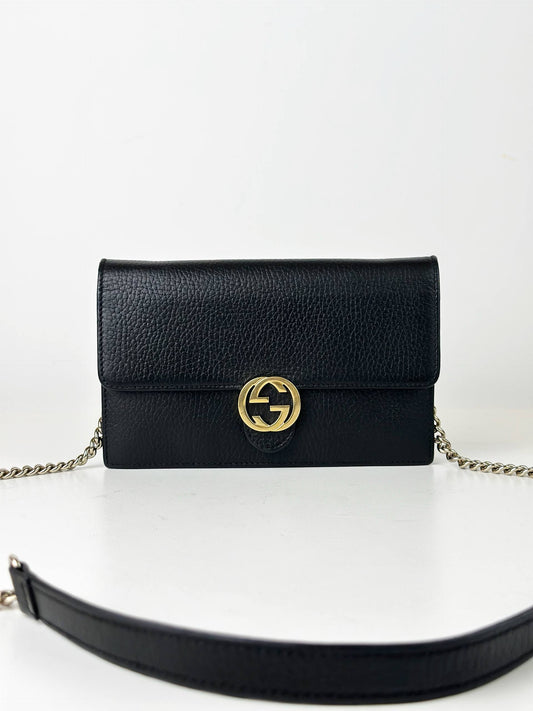 GUCCI GG INTERLOCKING BLACK WALLET ON CHAIN