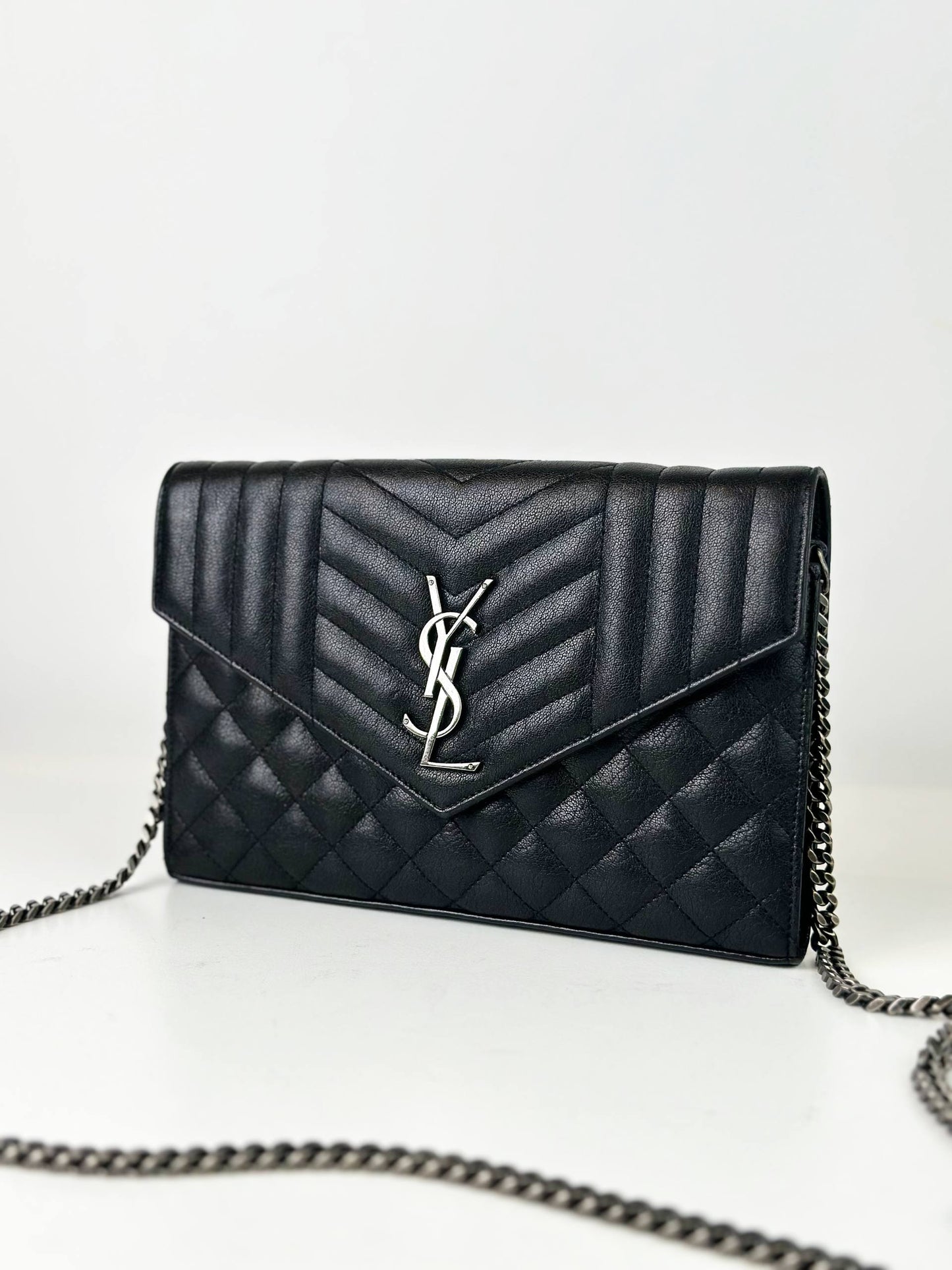 YSL TRI-QUILTED ENVELOPE BLACK WALLET ON CHAIN