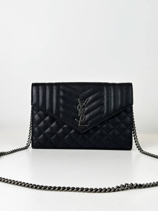 YSL TRI-QUILTED ENVELOPE BLACK WALLET ON CHAIN