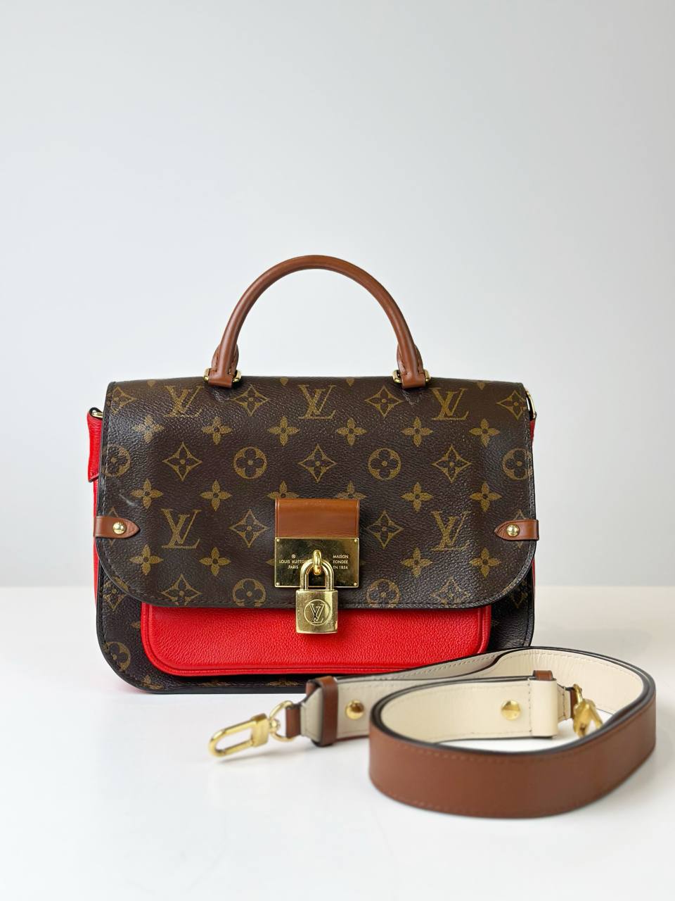 LOUIS VUITTON VAUGIRARD MONOGRAM PM WITH RED LEATHER TOP HANDLE BAG