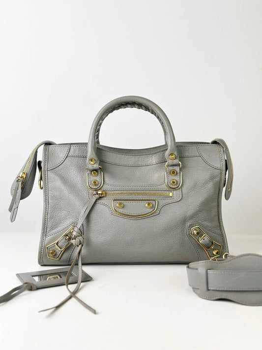 BALENCIAGA CITY GREY METALLIC EDGE SMALL HANDBAG WITH STRAP