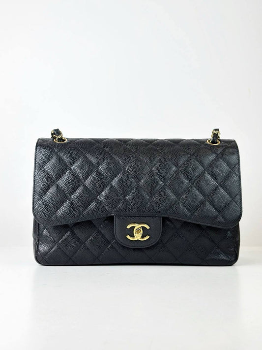 CHANEL CLASSIC FLAP BLACK CAVIAR JUMBO SHOULDER BAG GHW