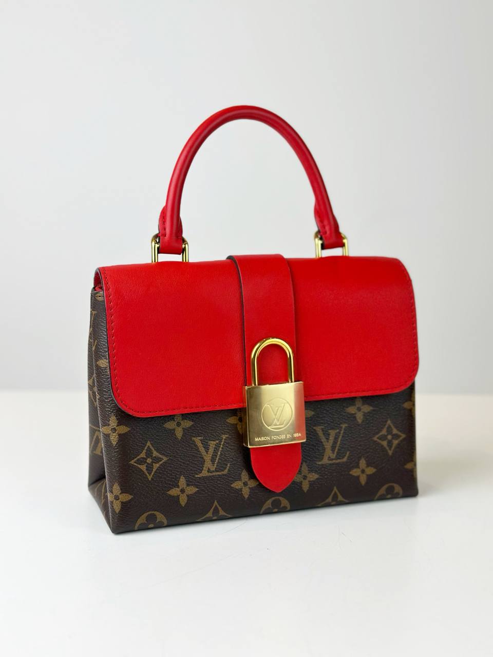 LOUIS VUITTON COQUELICOT LOCKY BB MONOGRAM WITH RED LEATHER TOP HANDLE BAG