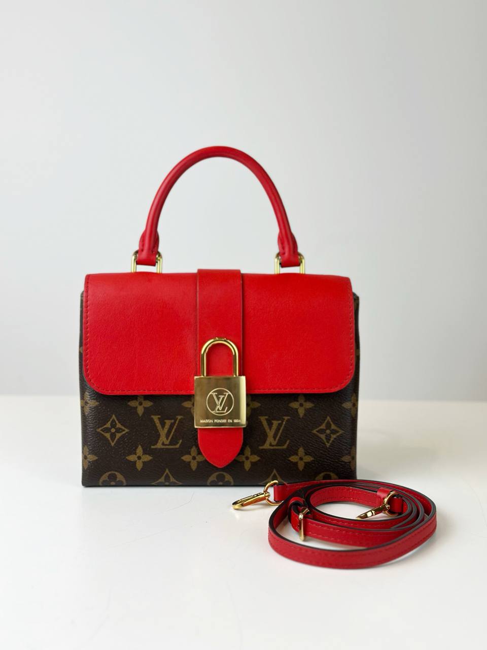 LOUIS VUITTON COQUELICOT LOCKY BB MONOGRAM WITH RED LEATHER TOP HANDLE BAG