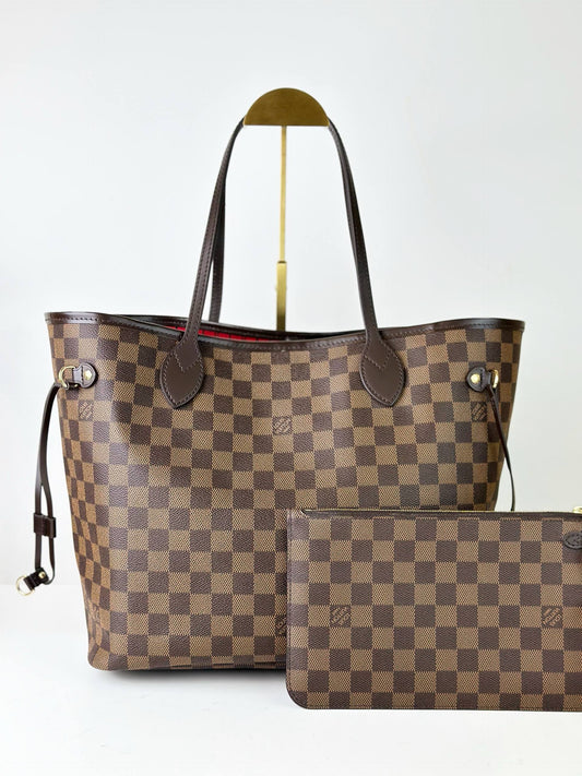 LOUIS VUITTON DAMIER EBENE NEVERFULL MM TOTE BAG WITH POUCH