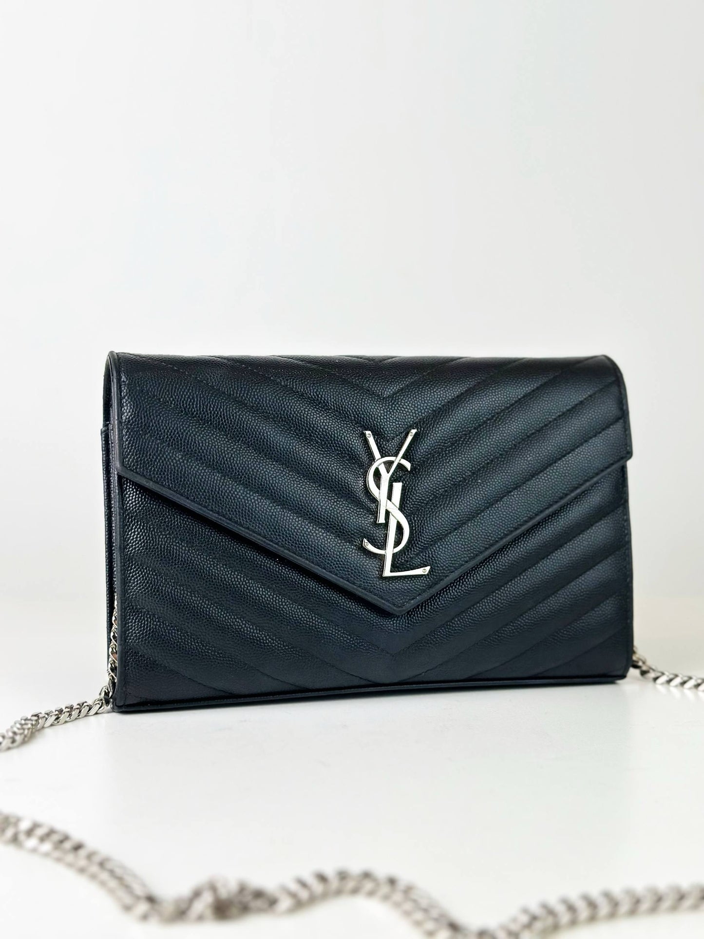 YSL ENVELOPE CASSANDRE BLACK WALLET ON CHAIN SHW