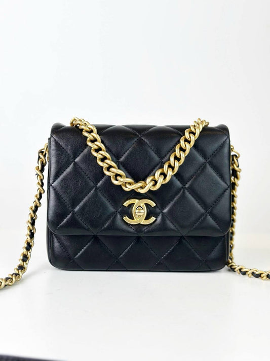 CHANEL QUILTED MINI SIDE NOTE FLAP BLACK CROSSBODY BAG