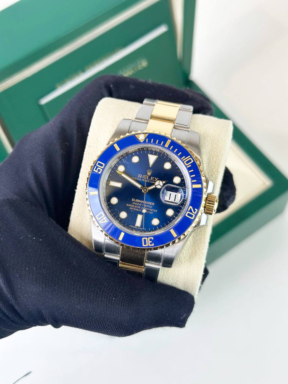 ROLEX SUBMARINER BLUE DIAL 18K YELLOW GOLD AUTOMATIC WATCH