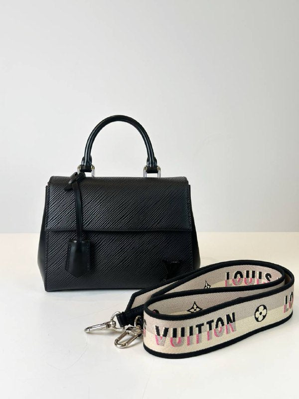 LOUIS VUITTON CLUNY EPI LEATHER MINI BLACK TOP HANDLE BAG WITH STRAP