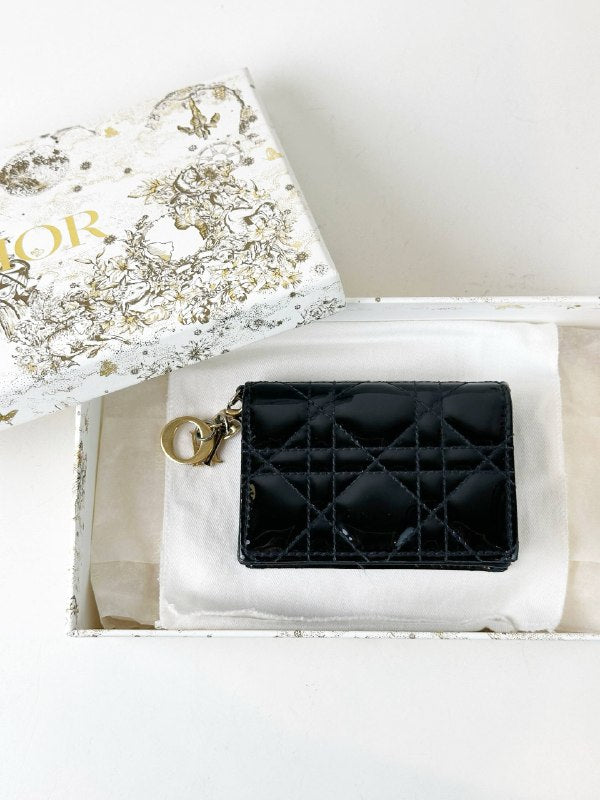 LADY DIOR BLOOM BLACK PATENT LEATHER CARD HOLDER