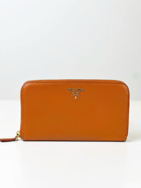 PRADA SAFFIANO LEATHER ZIP AROUND ORANGE LONG WALLET