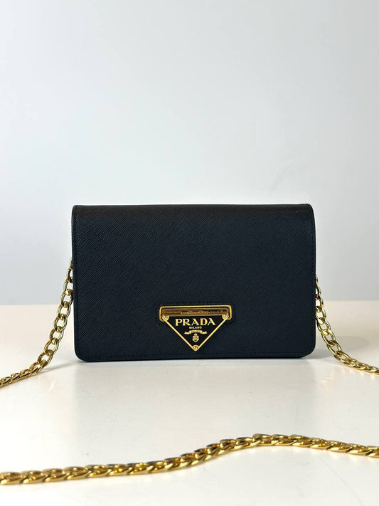 PRADA BLACK SAFFIANO LEATHER FLIP LOCK WALLET ON CHAIN