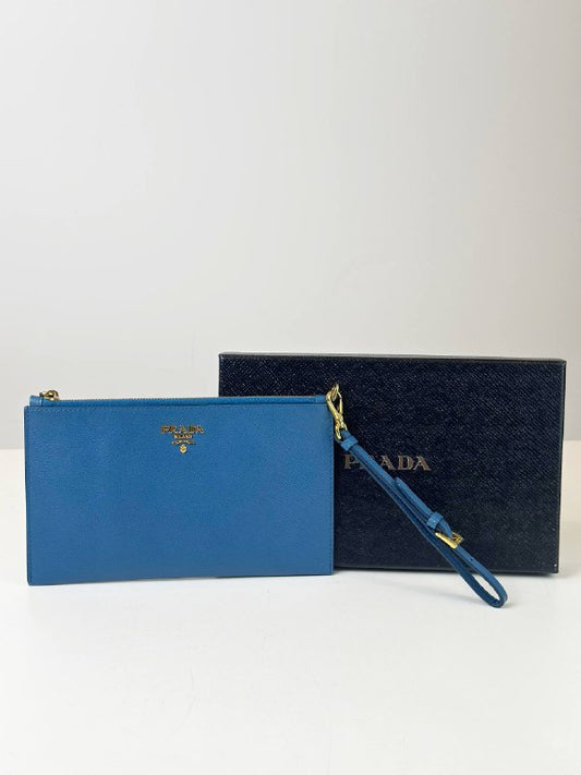 PRADA SAFFIANO LEATHER BLUE FLAT WRISTLET POUCH