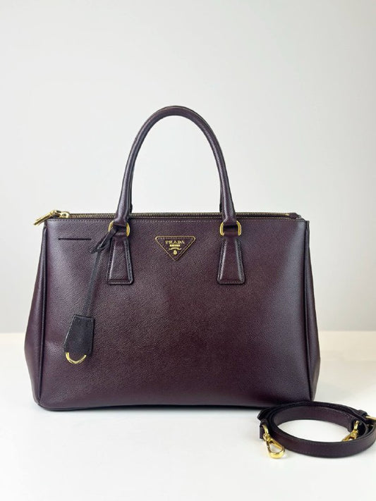 PRADA GALLERIA SAFFIANO LEATHER LARGE BURGUNDY TOP HANDLE BAG WITH STRAP